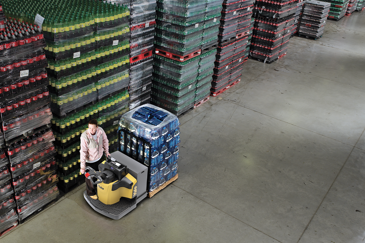Yale pallet jack used to move a pallet of drinks