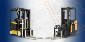 Forklift on the left compared to a reach truck on the right
