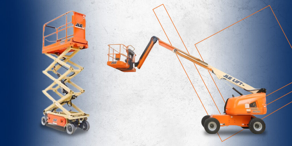 scissor lift on the left compared to a boom lift on the right